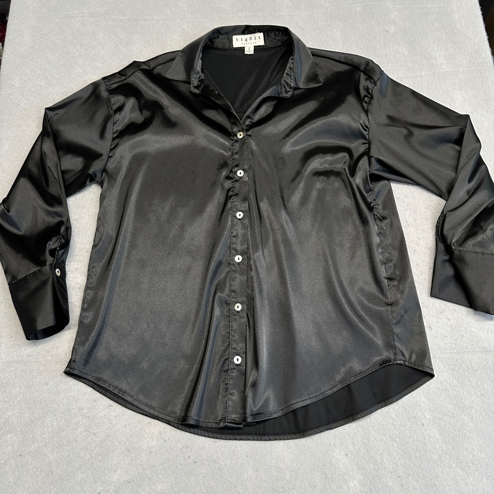 Big Hit Fashion Black Satin Button Down Blouse Long Sleeve HT2293 Womens Small